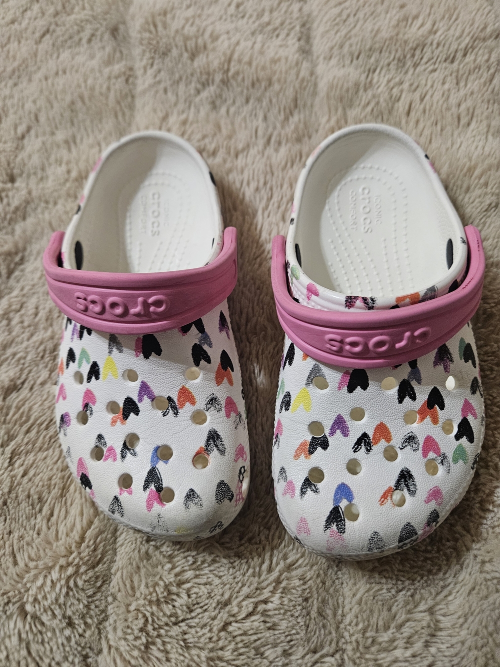 CROCS Kids White Clogs with Pink Heel Strap and Multicolor Print